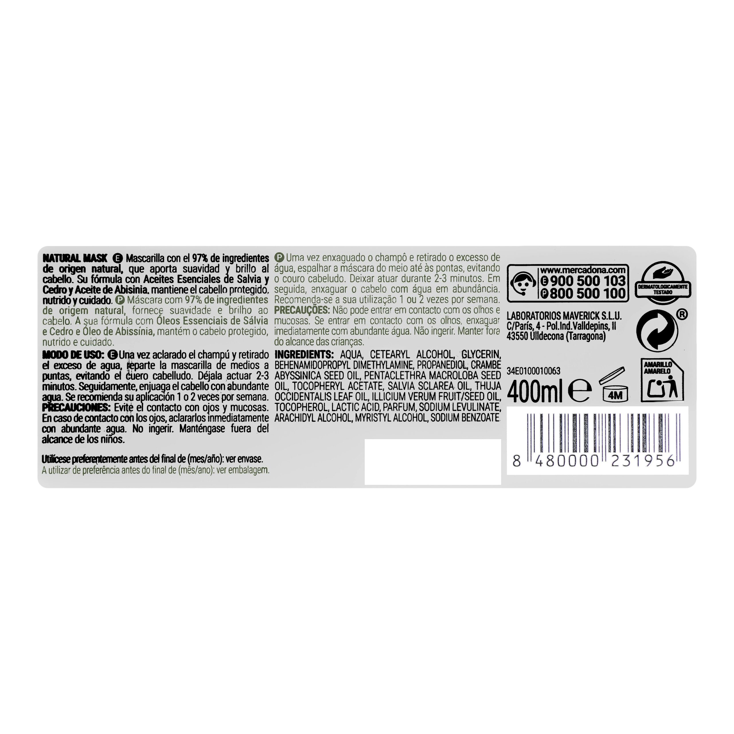 Etiqueta Mascarilla Natural Deliplus todo tipo de cabello con aceite de abisinia y aceites esenciales de salvia y cedro 97% origen natural